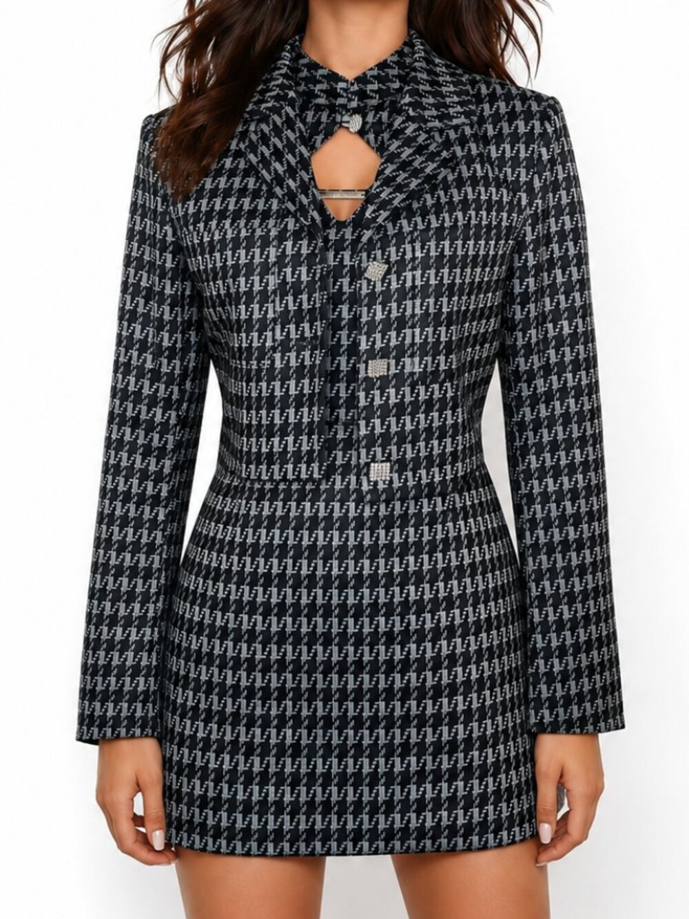 Nightcity Cyber Y2k Houndstooth Mini Dress & Cropped Blazer Two Piece Set S